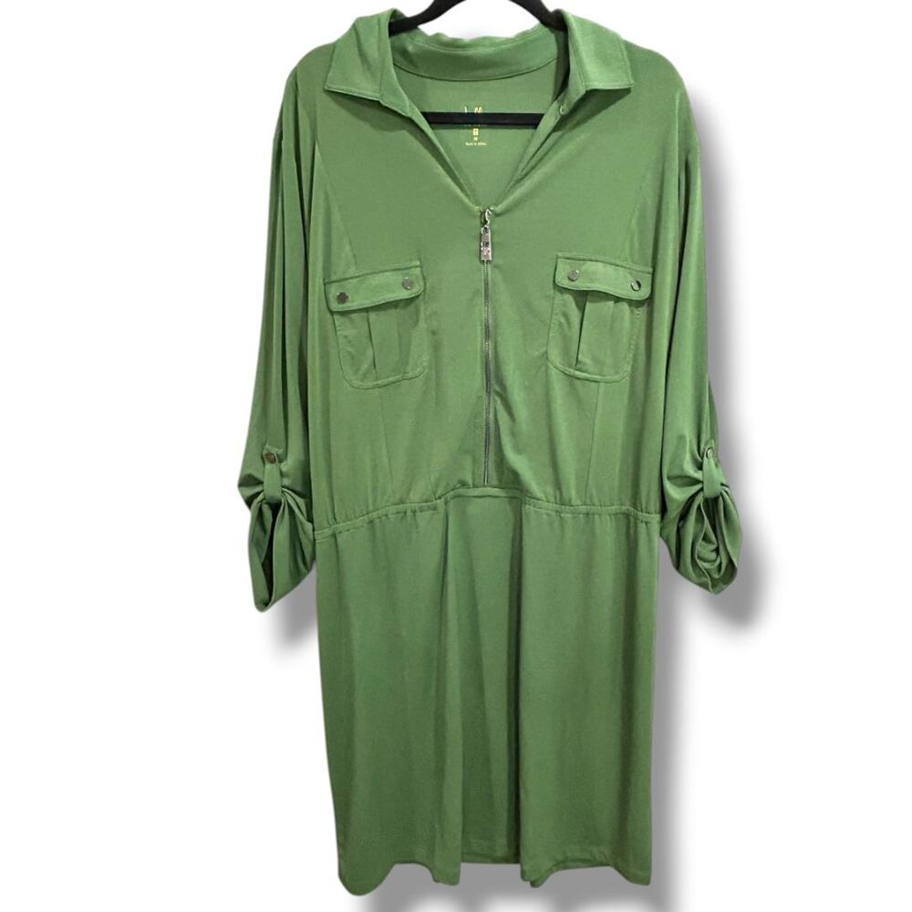 3X Belle Kim Gravel Womens Green Collared Dress Roll Tab Sleeve Plus Size